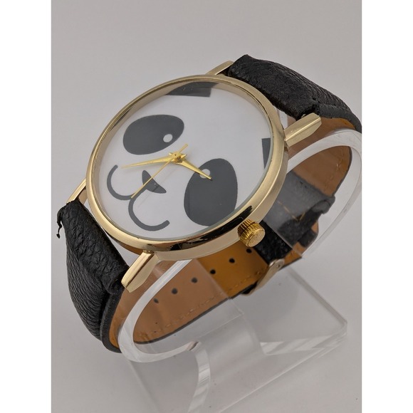 Panda Dial Watch Unisex Gold 38mm Case Faux Black Leather Band- New Battery - Picture 3 of 9